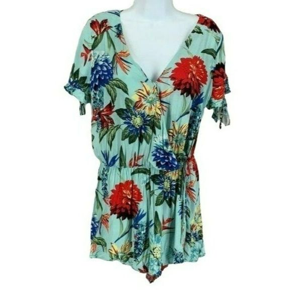 Umgee Woman's Teal Tropical Floral Printed Crossover Romper Short Size Small - Picture 1 of 8